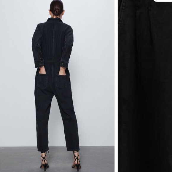 Zara Black Denim Lyocell Cotton Jumpsuit Long Sleeve Utility Boiler Suit Size XS - Picture 12 of 14